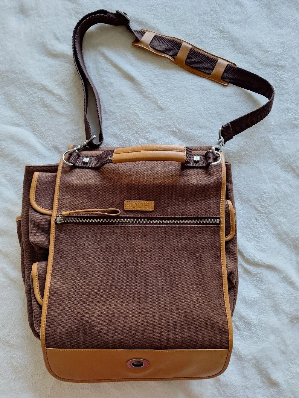 BODHI Genuine Leather & Canvas Messenger Bag Briefcase Brown 12x13